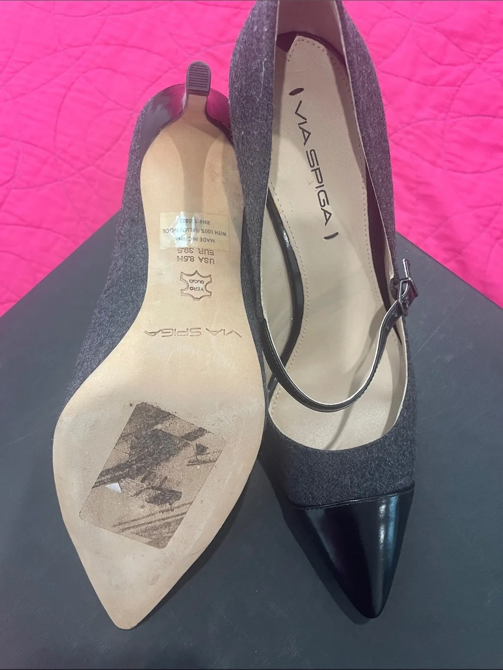Via Spiga Gray and Black Mary Jane Pointed Toe Pumps